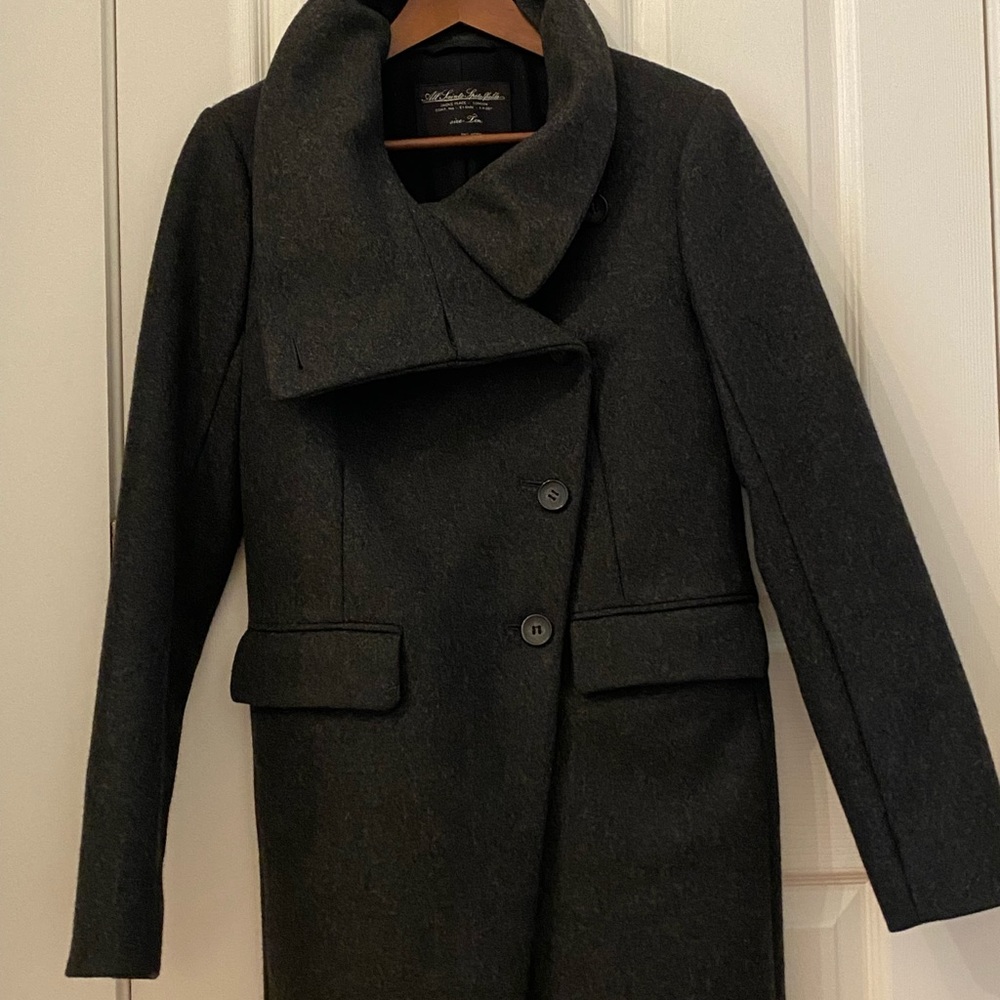AllSaints Dark Gray Asymmetric Wool Coat - Picture 3 of 6